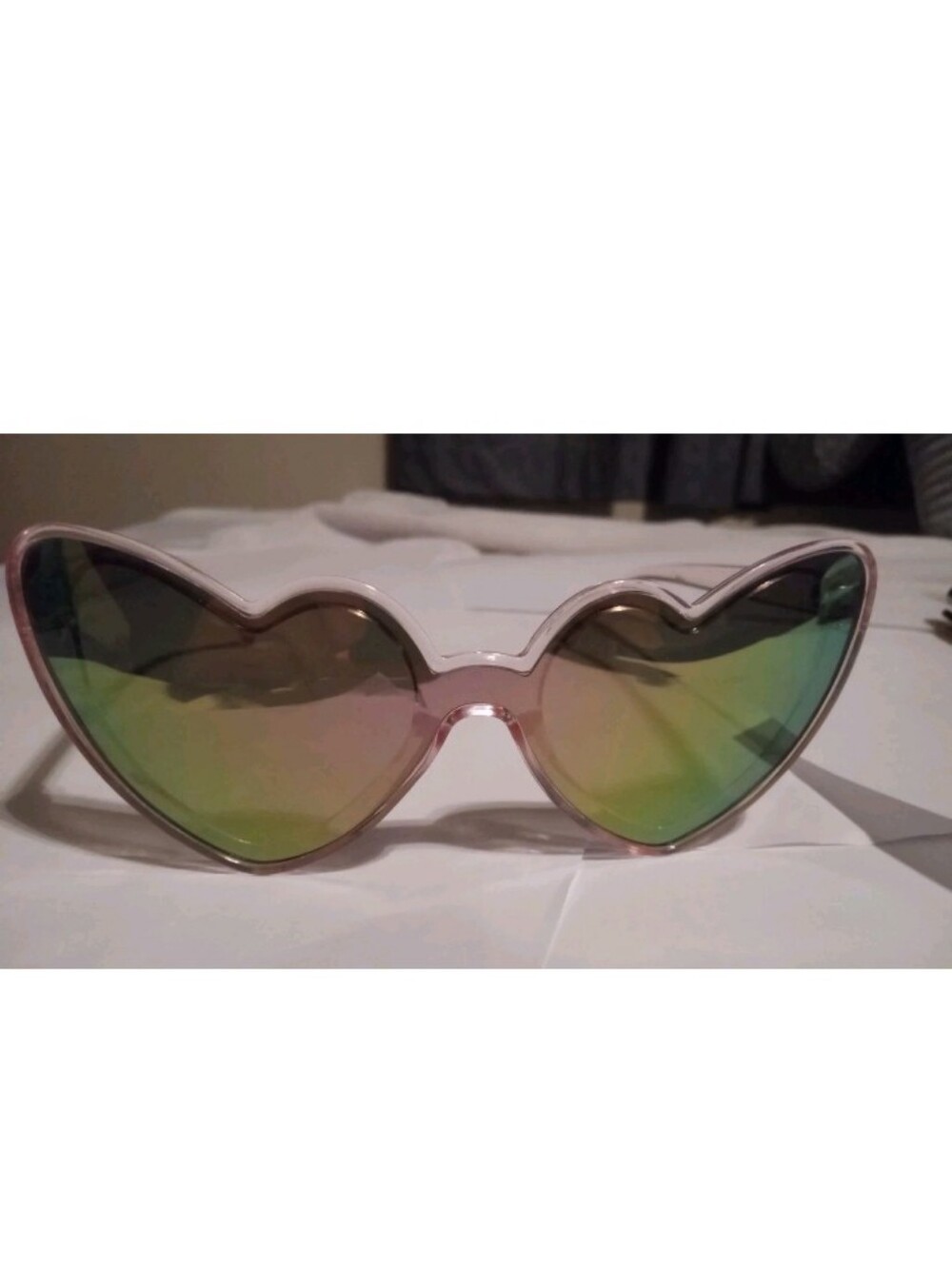 Heart-Shaped Transparent Pink Frame Sunglasses with Green Gradient Lenses